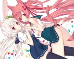  +_+ 2girls animal_ears bunny_tail cat_ears cat_tail hair_ribbon long_hair multiple_girls original polka_dot_scrunchie rabbit_ears red_eyes redhead revision ribbon sakofu scrunchie silver_hair symbol-shaped_pupils tail thigh-highs 