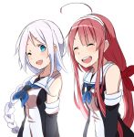  2girls ahoge blue_eyes braid gloves hairband kantai_collection kawakaze_(kantai_collection) long_hair makiya_1919 multiple_girls one_eye_closed redhead school_uniform silver_hair smile umikaze_(kantai_collection) 