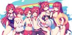  3boys 3girls ball beachball belt bikini black_bikini bracelet braid breasts brother_and_sister choker elesis_(elsword) elsword elsword_(character) grin half_updo hoodie hose innertube jewelry large_breasts long_hair low-tied_long_hair multiple_boys multiple_girls multiple_persona name_tag navel necklace one_eye_closed pants red_eyes redhead school_swimsuit shirt shirtless shorts siblings sleeveless sleeveless_shirt smile swimsuit upper_body utm 