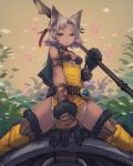  1girl :o animal_ears aqua_eyes armlet bare_shoulders breasts butterfly cat_ears cat_paws claws cleavage dark_skin dress fang feathers flower fur_trim granblue_fantasy grey_hair hair_flower hair_ornament half-closed_eyes highres holding holding_weapon meruu_(granblue_fantasy) midriff noconol open_mouth over_shoulder paws pelvic_curtain polearm riding short_hair side_slit small_breasts solo spear thigh-highs weapon weapon_over_shoulder yellow_dress yellow_legwear 