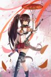  1girl absurdres black_legwear breasts brown_hair cherry_blossoms commentary_request detached_sleeves highres kantai_collection katana magician_(china) parasol petals ponytail revision single_thighhigh skirt sword tagme thigh-highs umbrella weapon yamato_(kantai_collection) 