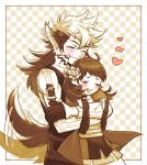  1boy 1girl animal_ears black_hair blush brown_hair closed_eyes fire_emblem fire_emblem_if flannel_(fire_emblem_if) gloves heart hug long_hair low_ponytail monochrome mozume_(fire_emblem_if) multicolored_hair open_mouth tail twintails two-tone_hair white_hair wolf_ears wolf_tail 