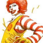 1boy french_fries lowres mcdonald&#039;s redhead ronald_mcdonald simple_background smile solo striped unagi77 white_background 
