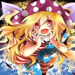  1girl american_flag_legwear american_flag_shirt blonde_hair blush clownpiece fairy_wings hands_on_own_face hat heart heart-shaped_pupils jester_cap long_hair looking_at_viewer negi_(ngng_9) open_mouth pantyhose print_legwear red_eyes short_sleeves smile solo star striped symbol-shaped_pupils touhou wings 