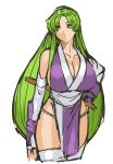  1girl breasts cleavage cowboy_shot cropped_legs fingerless_gloves fundoshi ganbare_goemon gloves green_eyes green_hair hand_on_hip highres huge_breasts japanese_clothes long_hair nameo_(judgemasterkou) ninja pelvic_curtain sideboob solo thigh-highs very_long_hair yae_(ganbare_goemon) 