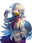  1girl bowtie cardigan caution_tape covering_mouth dress hand_in_pocket kishin_sagume long_sleeves looking_at_viewer red_eyes short_hair silver_hair simple_background single_wing solo touhou vest white_background wings zounose 