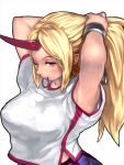  1girl adjusting_hair blonde_hair breasts chain cuffs gengoroumaru_(ambidextrous) horn hoshiguma_yuugi large_breasts long_hair looking_at_viewer mouth_hold one_eye_closed pointy_ears red_eyes shirt short_sleeves simple_background skirt solo touhou upper_body white_background 