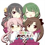  &gt;:&gt; &gt;:) 4girls ;o ^_^ ahoge akigumo_(kantai_collection) anchor black_hair blouse bowtie braid brown_eyes brown_hair cat closed_eyes double_bun dress glasses green_hair grin hair_between_eyes hair_ornament hair_ribbon kantai_collection long_hair long_sleeves looking_at_viewer makigumo_(kantai_collection) multicolored_hair multiple_girls naganami_(kantai_collection) one_eye_closed open_mouth pantyhose pink_hair pleated_skirt ponytail purple_legwear ribbon school_uniform serafuku single_braid skirt sleeves_past_wrists smile translation_request twintails v vest white_background yellow_eyes yuncha yuugumo_(kantai_collection) 