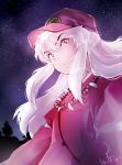  1boy baseball_cap dated hat hyun inuyasha inuyasha_(character) jewelry long_hair necklace night night_sky pearl_necklace sidelocks signature sky star_(sky) starry_sky white_hair yellow_eyes 