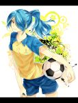  1boy blue_hair hair_over_one_eye highres inazuma_eleven inazuma_eleven_(series) kazemaru_ichirouta long_hair male_focus ponytail smile soccer_uniform sportswear telstar washi_(micino) 