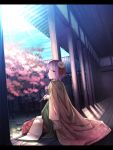  1girl absurdres blue_sky building calligraphy_brush cherry_blossoms clouds floral_print flower garden hair_flower hair_ornament hieda_no_akyuu highres japanese_clothes kimono letterboxed looking_at_viewer paintbrush purple_hair scroll sitting sky smile solo sunlight touhou tree veranda waterdog 
