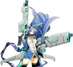  1girl badge blue_hair cape cosmic_break feathers gloves gun hair_ornament hat impossible_clothes jacket jetpack long_hair mecha_musume red_eyes skirt solo tagme thigh-highs uniform very_long_hair weapon 