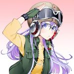  1girl blue_eyes dr._slump fingerless_gloves glasses gloves goggles_on_hat helmet komenama long_hair looking_at_viewer norimaki_arale pentagram purple_hair salute solo 