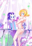  1girl :&lt; alice_margatroid ass bangs blonde_hair blue_eyes blush bra crossover curly_hair flying_sweatdrops hairband highres horn looking_back my_little_pony my_little_pony_friendship_is_magic open_mouth purple_hair rarity sewing sewing_machine shadow sidelocks surprised thigh-highs touhou underwear unicorn xin_yu_hua_yin 
