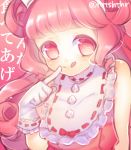  1girl :q double_bun finger_to_mouth frills gloves gulico_(otoca_doll) hitohira_(shiroringo48) long_hair lowres otoca_doll pink pink_background pink_eyes pink_hair solo tongue tongue_out white_gloves 