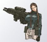  1girl bangs belt_pouch black_gloves braid breasts brown_hair clenched_hand cropped_legs glasses glasses_girl_(nameo) gloves grey_eyes gun hair_over_shoulder head_tilt highres huge_weapon large_breasts long_hair nameo_(judgemasterkou) necktie original parted_bangs rifle scope semi-rimless_glasses solo suspenders trigger_discipline twin_braids under-rim_glasses weapon 