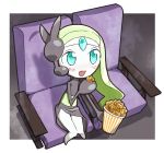  06erunium blue_eyes blush chair eating green_hair looking_up meloetta no_humans open_mouth pokemon pokemon_(game) pokemon_bw popcorn sitting 