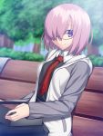  alternate_costume bespectacled casual fate/grand_order fate_(series) glasses highres lunchbox necktie park_bench sandwich shielder_(fate/grand_order) skylader 