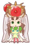  1girl :d blush_stickers bridal_veil brown_hair chibi facial_mark flower forehead_mark green_eyes hat highres holding japanese_clothes kushinada_(p&amp;d) long_hair open_mouth pikomarie puzzle_&amp;_dragons simple_background smile solo veil white_background 