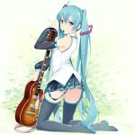  1girl ahoge aqua_eyes aqua_hair boots ello guitar hatsune_miku instrument kneeling looking_at_viewer mouth_hold panties plectrum skirt solo thigh-highs thigh_boots twintails underwear vocaloid 