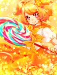  1girl bow candy hair_ornament hairpin highres lollipop mutsuki_uto orange_(color) orange_hair orange_skirt otoca_doll red_eyes sailor_collar short_hair short_twintails skirt smile solo star star_hair_ornament sunny_(otoca_doll) swirl_lollipop twintails yellow_background yellow_bow 