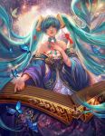  1girl aqua_hair bare_shoulders breasts butterfly choker detached_sleeves dress green_eyes hair_ornament instrument league_of_legends lips lipstick long_hair looking_at_viewer makeup nose outstretched_arm solo sona_buvelle strapless_dress twintails very_long_hair wide_sleeves yang_fan 