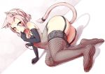  1girl animal_ears arm_support ass black_gloves blush cat_ears cat_tail dutch_angle elbow_gloves final_fantasy final_fantasy_xiv finger_to_mouth garter_straps gloves heterochromia lingerie looking_at_viewer lying miqo&#039;te on_side packge pink_eyes pink_hair short_hair solo strap_slip tail thigh-highs underwear yellow_eyes 