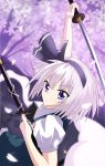  &gt;:| 1girl absurdres cherry_blossoms highres holding_weapon katana konpaku_youmu nugi_(armenci) petals sheath sword touhou violet_eyes weapon 