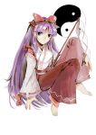  1girl absurdres barefoot bow expressionless gohei hair_bow hair_tubes hakama hakurei_reimu hakurei_reimu_(pc-98) highres japanese_clothes legs_up long_hair looking_to_the_side nontraditional_miko purple_hair seastar simple_background solo tagme touhou touhou_(pc-98) very_long_hair violet_eyes white_background yin_yang 
