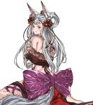  1girl 3: animal_ears back bare_shoulders barefoot blue_eyes blush fox_ears fox_tail from_behind granblue_fantasy hair_ornament hair_rings japanese_clothes long_hair looking_at_viewer looking_back off_shoulder silver_hair simple_background sitting socie_(granblue_fantasy) solo tail wariza white_background 