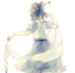 1girl back belt blue_dress blue_hair dress from_behind hair_ornament hair_rings hair_stick kaku_seiga puffy_sleeves shawl short_hair short_sleeves simple_background solo touhou vest white_background yujup 