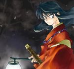  1boy black_eyes black_hair floating_hair hattori_min holding inuyasha inuyasha_(character) japanese_clothes jewelry lamp long_hair necklace pearl_necklace solo sword weapon 