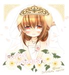  1girl alternate_costume blush bridal_veil brown_eyes brown_hair corsage dated dress female flower folded_ponytail inazuma_(kantai_collection) jewelry kantai_collection looking_at_viewer narita_rumi necklace petals smile solo tears tiara twitter_username veil wedding_dress white_background 