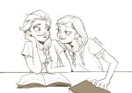  2girls anna_(frozen) braid contemporary elsa_(frozen) eye_contact frozen_(disney) looking_at_another mataetae monochrome multiple_girls notebook pencil siblings sisters smirk studying table 