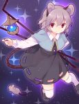  1girl akagashi_hagane animal animal_ears bishamonten&#039;s_pagoda capelet dowsing_rod dress grey_hair jewelry long_sleeves looking_at_viewer looking_to_the_side mouse mouse_ears mouse_tail nazrin necklace red_eyes shoes short_hair smile solo sparkle tail thigh-highs touhou white_legwear zettai_ryouiki 
