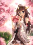  1girl :d absurdres ahoge blush box_of_chocolates brown_hair bush cherry_blossoms cowboy_shot detached_sleeves flower frills headgear heart highres kantai_collection kongou_(kantai_collection) onamae-kun open_mouth petals ribbon skirt smile solo violet_eyes wide_sleeves 