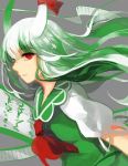  1girl dress ex-keine green_dress green_hair grey_background highres horn_ribbon horns kamishirasawa_keine long_hair looking_at_viewer lyiet multicolored_hair open_mouth profile puffy_sleeves red_eyes ribbon scroll short_sleeves simple_background smile solo touhou two-tone_hair upper_body watermark web_address white_hair 