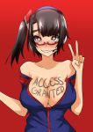  1girl bare_shoulders black_hair blush body_writing breasts cleavage glasses highres large_breasts norman_maggot red_background red_eyes short_hair side_ponytail simple_background smile solo v wavy_mouth 