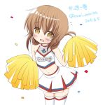  1girl 2015 alternate_costume anchor_symbol blush brown_eyes brown_hair cheerleader dated folded_ponytail inazuma_(kantai_collection) kantai_collection looking_at_viewer midriff narita_rumi open_mouth pom_poms solo thigh-highs twitter_username 