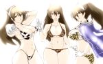  3girls ashigara_(kantai_collection) bikini blush breasts brown_eyes brown_hair cleavage cow_print gloves hair_ornament hairband highres kantai_collection karakure_(kamo-nanban) large_breasts leopard_print long_hair looking_at_viewer multiple_girls multiple_persona navel open_mouth smile swimsuit tiger_print wavy_hair 