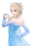  1girl ano_(sbee) blonde_hair blue_eyes braid elsa_(frozen) frozen_(disney) hand_on_hip looking_back smile smirk solo 