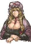  1girl blonde_hair breasts choker cleavage fine_art_parody hair_between_eyes hat highres huge_breasts light_smile mob_cap mona_lisa nameo_(judgemasterkou) parody portrait ribbon_choker smile solo touhou yakumo_yukari yellow_eyes 