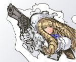  1girl aqua_eyes blonde_hair blue_eyes breasts drill_hair foreshortening gloves gun handgun highres huge_breasts jojo_no_kimyou_na_bouken long_hair nameo_(judgemasterkou) ojou_(nameo) original pistol revolver ringlets slime smile stand_(jojo) very_long_hair weapon white_gloves 