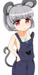  1girl alternate_costume animal_ears collarbone cowboy_shot grey_hair hand_on_hip jewelry light_frown looking_at_viewer mouse_ears mouse_tail naked_overalls nazrin no_shirt oni_tofu overalls pendant red_eyes short_hair solo strap_slip sweatdrop tail touhou 