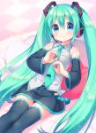  1girl aqua_eyes aqua_hair bare_shoulders black_legwear blush boots detached_sleeves hatsune_miku headset long_hair looking_at_viewer necktie sitting skirt sleeveless smile solo thigh-highs thigh_boots twintails usashiro_mani very_long_hair vocaloid zettai_ryouiki 