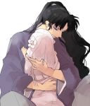  1boy 1girl age_difference black_hair closed_eyes flower hair_flower hair_ornament high_ponytail holding hug inuyasha japanese_clothes kanna_(inuyasha) kimono long_hair mumu2126 naraku very_long_hair white_hair wide_sleeves yukata 