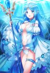  1girl blue_eyes blue_hair breasts head_fins highres long_hair nanairo_fuuka original smile solo staff underwater 