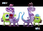  dual_persona fangs glasses green_eyes helmet horns lizard_tail michael_wazowski monsters_inc. monsters_university one-eyed open_mouth randall_boggs sharp_teeth slit_pupils tail time_paradox younger 