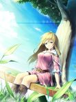  1girl armais_(me-chan337) bangs belt blonde_hair blue_eyes blunt_bangs blush boots breasts dress english grass highres long_hair open_mouth original outdoors shoes sitting smile socks solo tree twintails 