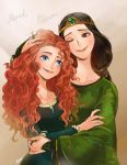  2girls ano_(sbee) blue_eyes brave_(pixar) brown_eyes brown_hair curly_hair elinor_(brave) hug merida_(brave) mother_and_daughter multiple_girls one_eye_closed redhead 